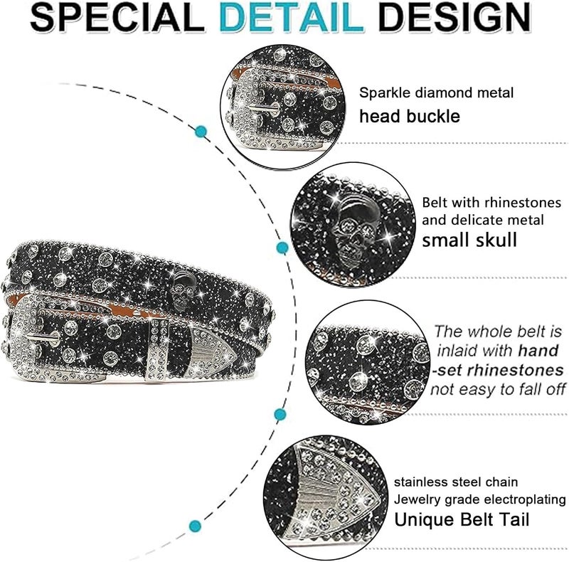 EVERBLTING Rhinestones Skull Belt Diamond Studded Skull Belt for Men Women Studded Cowgirl Belts Belts Skulls For Jean Pant - Image 2